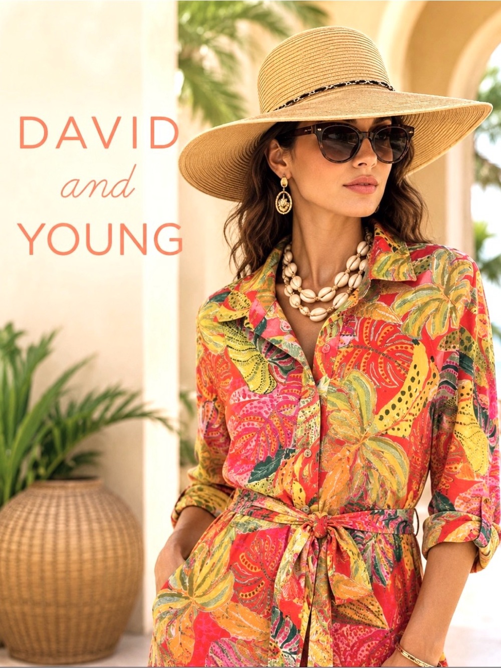 DAVID & YOUNG Wide Brim Floppy Sun Hat – Tan /Gold & Black Chain Band – Packable